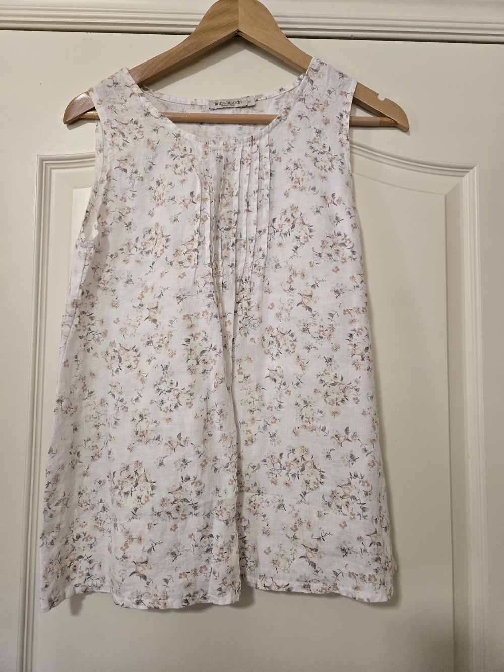 Sleeveless Floral Pintuck Made In Italy Top - White with Blush Floral 100% Linen